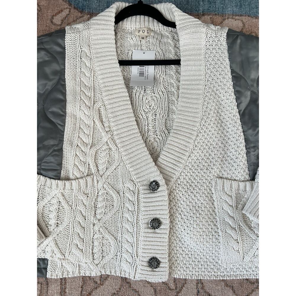 POL Naomi Cable Knit Mixed Media Boxy Grandpa Cardigan Jacket Sz M NWT - Picture 9 of 15